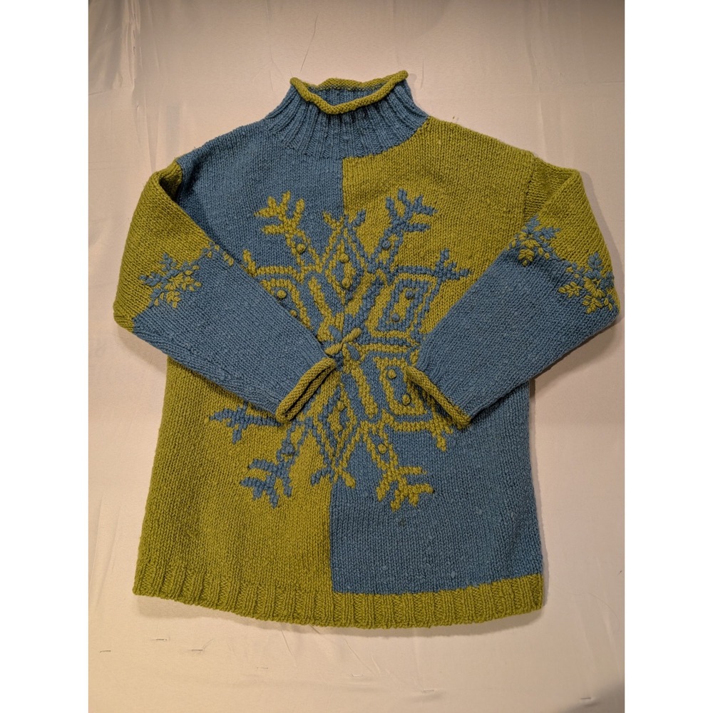 Express Tricot Mens Medium 100% Wool  Snowflake Chunky Knit Rollneck Sweater